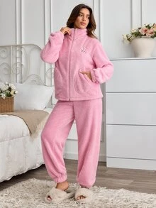SHEIN Cute Bunny Embroidered Welsoft Plush Lounge Set - Pink - View 4