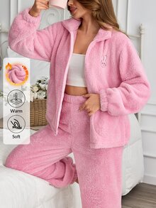 SHEIN Cute Bunny Embroidered Welsoft Plush Lounge Set - Pink - View 6