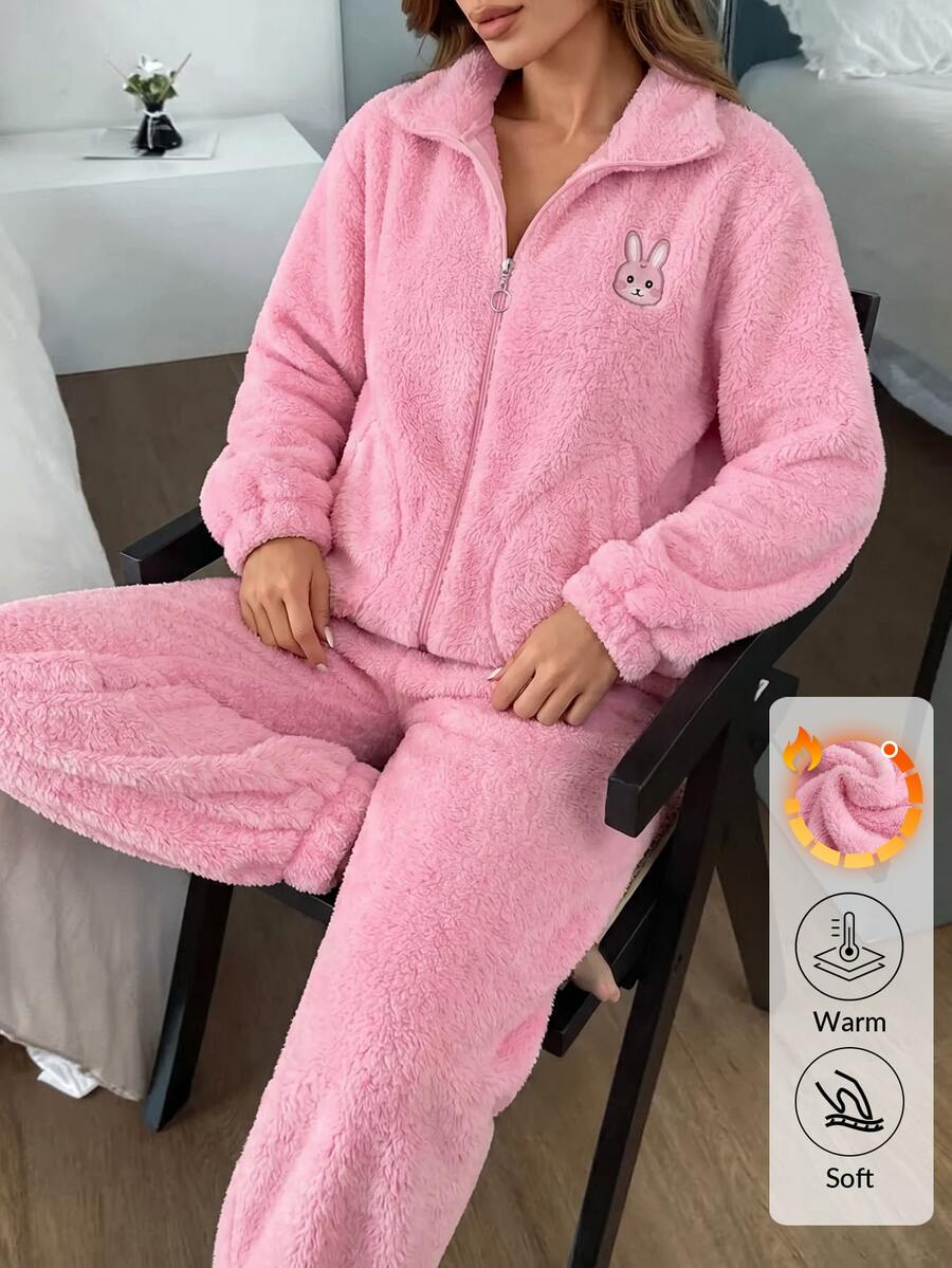 SHEIN Cute Bunny Embroidered Welsoft Plush Lounge Set - Pink - View 1