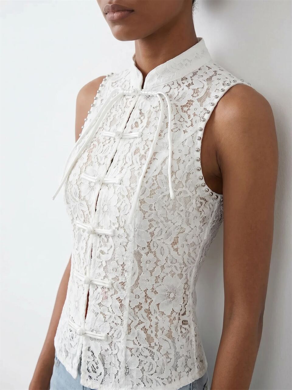 SHEIN Maija White Floral Summer Fall Lace Frog Button Decor New Chinese Style Women's Blouse Open Front Wedding Vacation Back To School Tea Party Casual Elegant