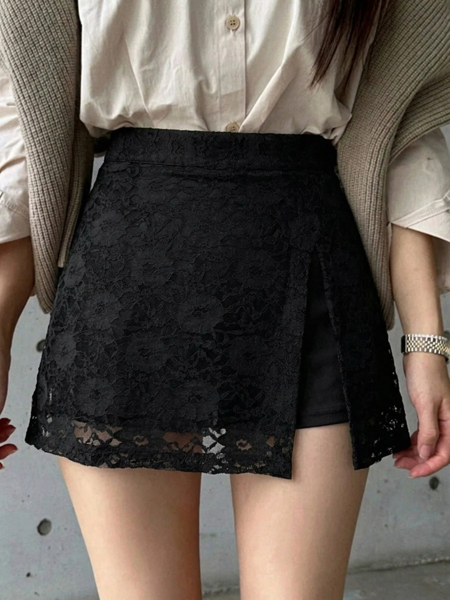 DAZY Women's Solid Color Lace Side Slit Shorts - Black - View 1