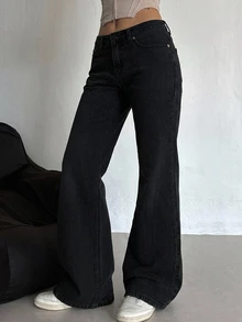DAZY Women's Loose Fit Washed Casual Flare Leg Jeans Petite - Black - View 7