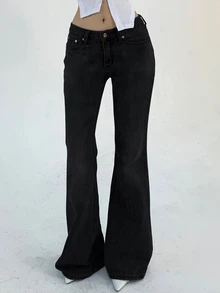 DAZY Women's Loose Fit Washed Casual Flare Leg Jeans Petite - Black - View 2