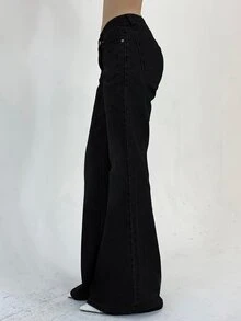 DAZY Women's Loose Fit Washed Casual Flare Leg Jeans Petite - Black - View 4