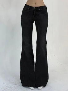 DAZY Women's Loose Fit Washed Casual Flare Leg Jeans Petite - Black - View 1