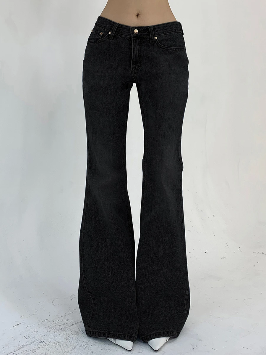 DAZY Women's Loose Fit Washed Casual Flare Leg Jeans Petite - Black - View 1