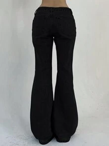 DAZY Women's Loose Fit Washed Casual Flare Leg Jeans Petite - Black - View 3