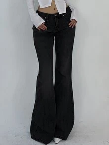 DAZY Women's Loose Fit Washed Casual Flare Leg Jeans Petite - Black - View 6