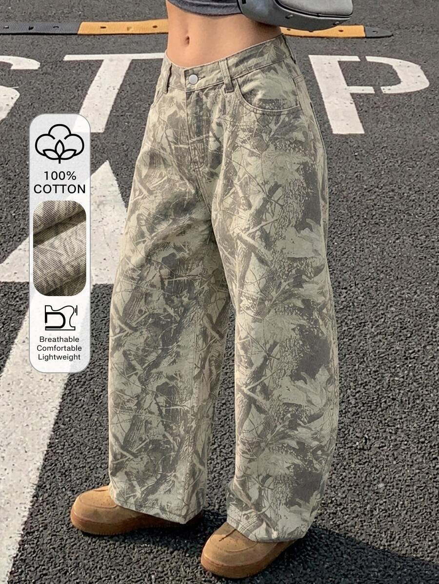 DAZY Vintage Loose Street Style Washed Distressed Straight Leg Women's Jeans School - Army Green - View 1