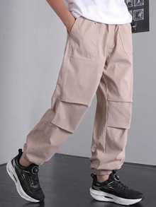 SHEIN Tween Boys' Casual Jogger Cargo Pants, Autumn Khaki Pants For School, Traveling, Outdoor Activities, Soft Fabric Comfortable Baggy Fashionable Tween Boy - Khaki - View 4