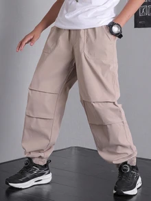 SHEIN Tween Boys' Casual Jogger Cargo Pants, Autumn Khaki Pants For School, Traveling, Outdoor Activities, Soft Fabric Comfortable Baggy Fashionable Tween Boy - Khaki - View 5