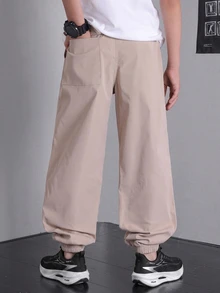SHEIN Tween Boys' Casual Jogger Cargo Pants, Autumn Khaki Pants For School, Traveling, Outdoor Activities, Soft Fabric Comfortable Baggy Fashionable Tween Boy - Khaki - View 2