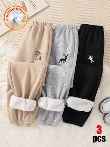 SHEIN 兒童青少年男孩買2送1休閒日常舒適刺繡保暖內裡加厚寬鬆版型黑色灰色卡其色多色長褲運動褲，適合通勤上學日常休閒度假旅行運動，秋冬穿著 - 彩色 - 查看 5