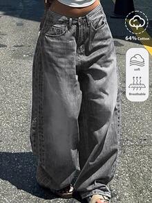 青少年女孩時尚休閒 Y2K 復古酷街頭返校大學風 簡約基礎舒適懷舊藍色寬鬆牛仔褲 柔軟日常穿著 - 灰色 - 查看 1