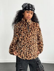 SHEIN 少女豹紋毛絨半拉鍊立領休閒保暖衛衣，長袖，抓絨，秋季服飾，秋季 - 棕色 - 查看 3