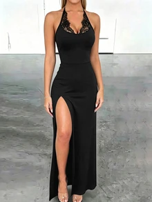 INAWLY Solva Sexy Black Lace Long Dress Halloween Party Date Night Night Out Summer - Black - View 7