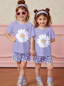 SHEIN 2 Pieces Set Tween Girl Casual Minimalist Daisy Print Short Sleeve Round Neck T-Shirt And Shorts, Suitable For Summer Vacation - Multicolor - View 4