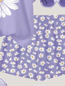 SHEIN 2 Pieces Set Tween Girl Casual Minimalist Daisy Print Short Sleeve Round Neck T-Shirt And Shorts, Suitable For Summer Vacation - Multicolor - View 6