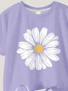 SHEIN 2 Pieces Set Tween Girl Casual Minimalist Daisy Print Short Sleeve Round Neck T-Shirt And Shorts, Suitable For Summer Vacation - Multicolor - View 5