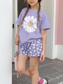 SHEIN 2 Pieces Set Tween Girl Casual Minimalist Daisy Print Short Sleeve Round Neck T-Shirt And Shorts, Suitable For Summer Vacation - Multicolor - View 1