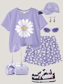 SHEIN 2 Pieces Set Tween Girl Casual Minimalist Daisy Print Short Sleeve Round Neck T-Shirt And Shorts, Suitable For Summer Vacation - Multicolor - View 3