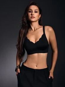 EmpressEnvy 1pc Seamless Minimalist Wavy Edge Solid Color No Underwire Push Up Full Coverage Women Bra - Black - View 2