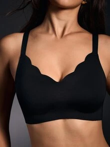 EmpressEnvy 1pc Seamless Minimalist Wavy Edge Solid Color No Underwire Push Up Full Coverage Women Bra - Black - View 4