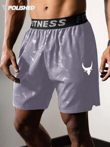 Gym Rark Boyfriend Style Men's Bull Print & Letter Webbing Casual Shorts,Gym Clothes Grey Shorts - Grey - View 5