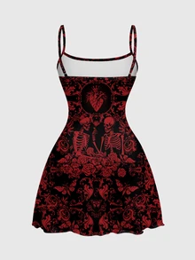 ROMWE Goth Dark Horror Skull Heart Floral Plant Sexy Spaghetti Strap Elastic Plus Size Dress - Black - View 2