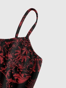 ROMWE Goth Dark Horror Skull Heart Floral Plant Sexy Spaghetti Strap Elastic Plus Size Dress - Black - View 3
