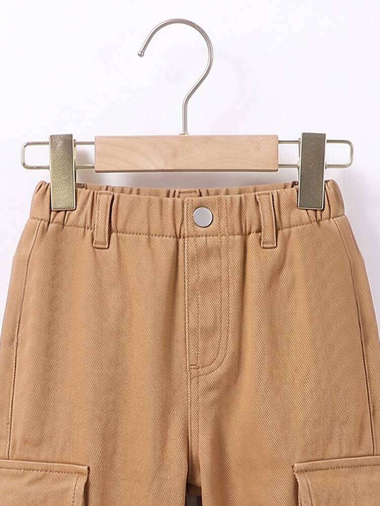 SHEIN Boys Denim Solid Color Zip Pocket Long Tapered Leg Regular Fit Jeans Birthday Party Khaki - Khaki - View 5