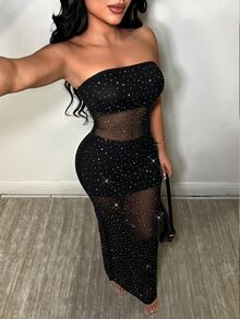 SHEIN SXY 性感亮片網紗透視抹胸洋裝，黑色波點，適合夜店派對、夜晚外出、夏季、萬聖節 - 黑色 - 查看 5