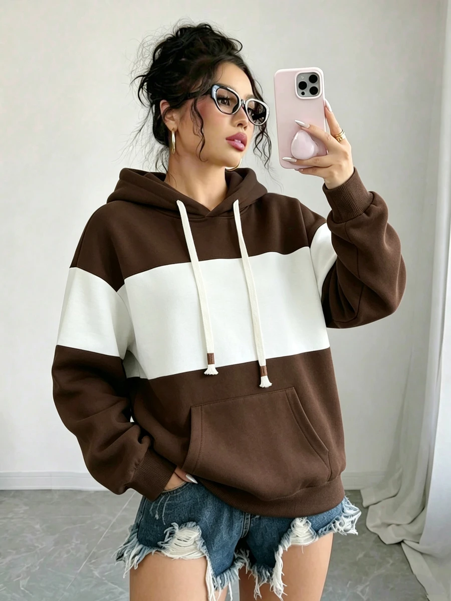 Elenzga 復古深棕色與白色拼接連帽衛衣,奶油白流蘇抽繩口袋寬鬆休閒套頭女款衛衣 - 彩色 - 查看 1