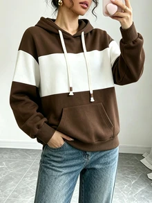 Elenzga 復古深棕色與白色拼接連帽衛衣，奶油白流蘇抽繩口袋寬鬆休閒套頭女款衛衣 - 彩色 - 查看 6