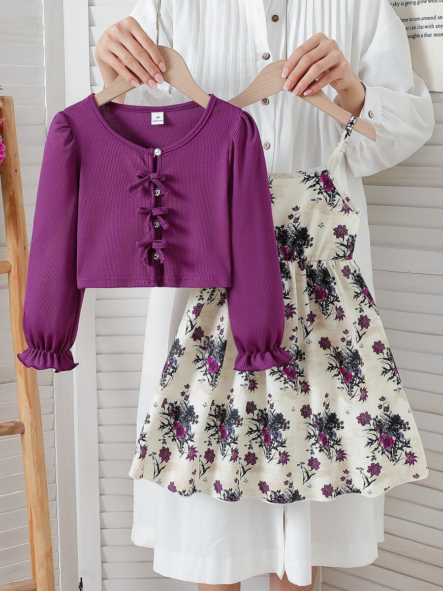 SHEIN 2pcs/Set Toddler Girls Spring/Autumn Casual Knit Ribbed Bow Decor Cardigan Top And Printed Camisole Simple Dress Cute Everyday Outfit - Multicolor - View 1