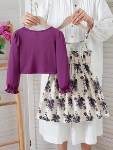 SHEIN 2件組幼女春/秋休閒針織羅紋蝴蝶結裝飾開襟上衣與印花細肩帶背心簡單連身裙可愛日常穿搭 - 彩色 - 查看 2