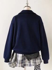 Genkimix Kids 1件青少年女孩Y2K復古休閒秋冬花卉圖案四分之一拉鍊落肩衛衣 - 藏蓝色 - 查看 3