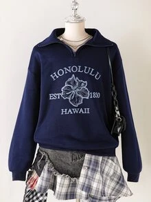 Genkimix Kids 1件青少年女孩Y2K復古休閒秋冬花卉圖案四分之一拉鍊落肩衛衣 - 藏蓝色 - 查看 6