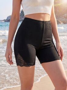 SHEIN LUNE Contrast Lace Cycling Shorts - Black - View 5