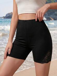 SHEIN LUNE Contrast Lace Cycling Shorts - Black - View 6