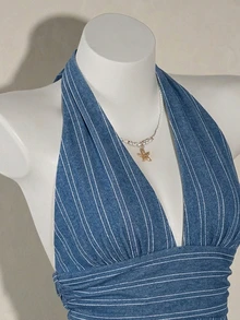 SHEIN ICON 休閒極簡風藍色仿紋細條紋滿版印花掛脖深V領收腰A字露背背心，適合春夏度假 - 彩色 - 查看 5