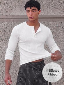 SWAVVY Men's Solid Color Button Half-Placket Long Sleeve Casual T-Shirt - White - View 8