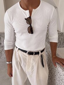 SWAVVY Men's Solid Color Button Half-Placket Long Sleeve Casual T-Shirt - White - View 2