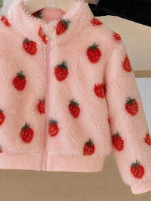 Elladie kids 1件少女甜美可愛草莓拉鍊立領加厚抓絨外套，適合春秋冬季日常休閒外出穿著 - 粉色 - 查看 7