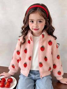 Elladie kids 1件少女甜美可愛草莓拉鍊立領加厚抓絨外套，適合春秋冬季日常休閒外出穿著 - 粉色 - 查看 1