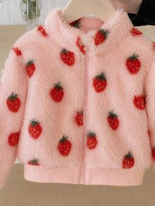 Elladie kids 1件少女甜美可愛草莓拉鍊立領加厚抓絨外套，適合春秋冬季日常休閒外出穿著 - 粉色 - 查看 6