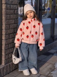 Elladie kids 1件少女甜美可愛草莓拉鍊立領加厚抓絨外套，適合春秋冬季日常休閒外出穿著 - 粉色 - 查看 3