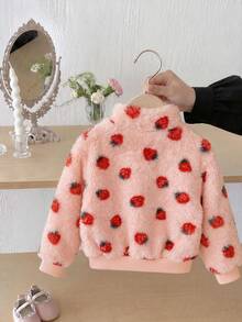 Elladie kids 1件少女甜美可愛草莓拉鍊立領加厚抓絨外套，適合春秋冬季日常休閒外出穿著 - 粉色 - 查看 2