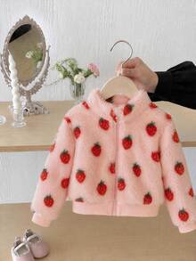 Elladie kids 1件少女甜美可愛草莓拉鍊立領加厚抓絨外套，適合春秋冬季日常休閒外出穿著 - 粉色 - 查看 4