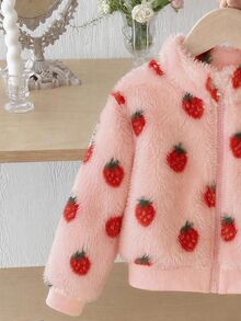 Elladie kids 1件少女甜美可愛草莓拉鍊立領加厚抓絨外套，適合春秋冬季日常休閒外出穿著 - 粉色 - 查看 5